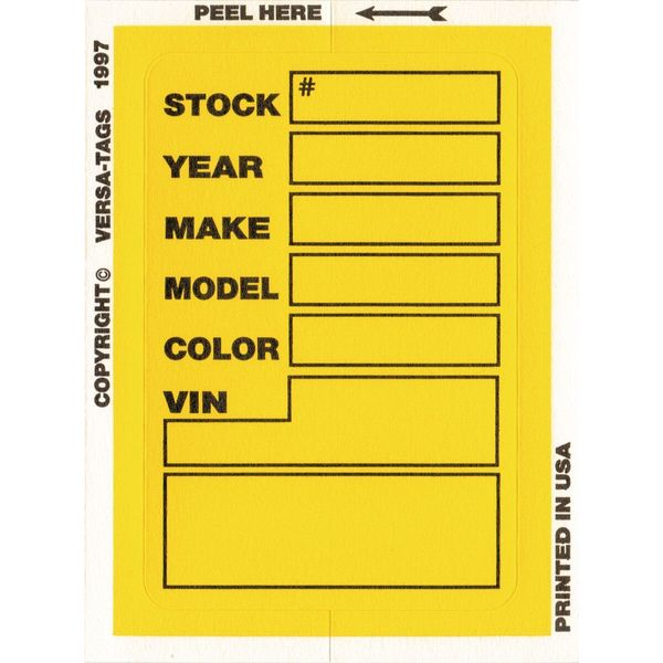 Car Dealer Depot Versa-Tag Kleer-Bak Stock Stickers, 3" X 4", 100 Per Box: Yellow Pk 426-ASP